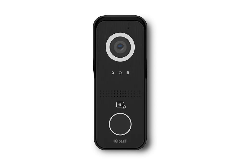 Nút chuông cửa IP Bas-IP AV-06M màu đen với thiết kế hiện đại, tích hợp camera HD, đàm thoại hai chiều và hỗ trợ kiểm soát ra vào thông minh.